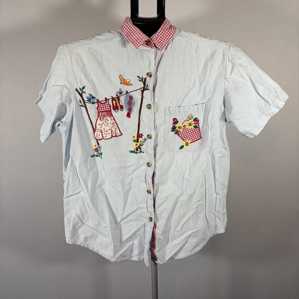 Womens Medium Gingham VTG 90s Cottage Short Sleeve Button Up Spring Sunflower